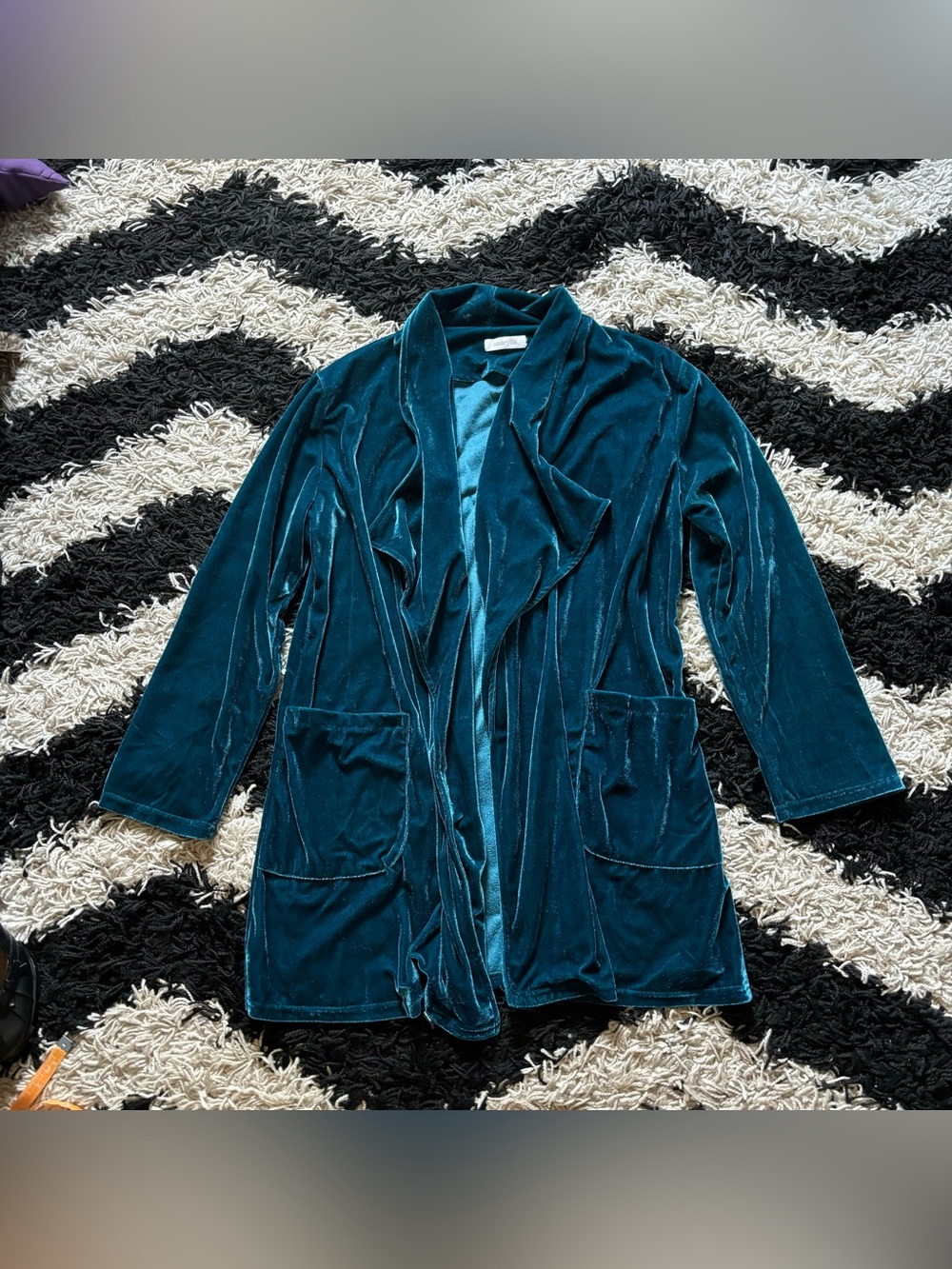 Amaryllis Whimsical Green Blue Velvet Long Open Front Robe Cardigan